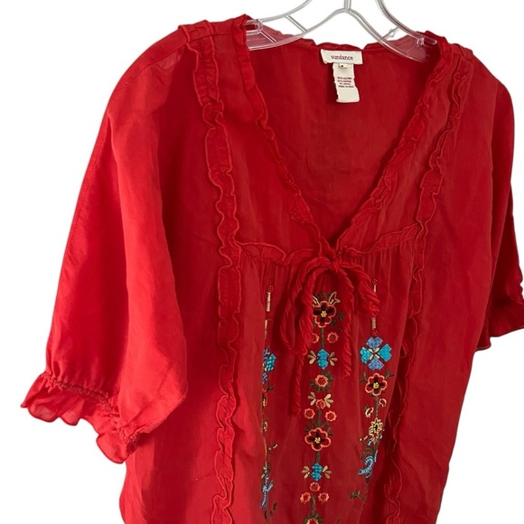 Sundance Red Floral Embroidered Tunic Top Small Oversized Short Sleeve Boho - Picture 3 of 9